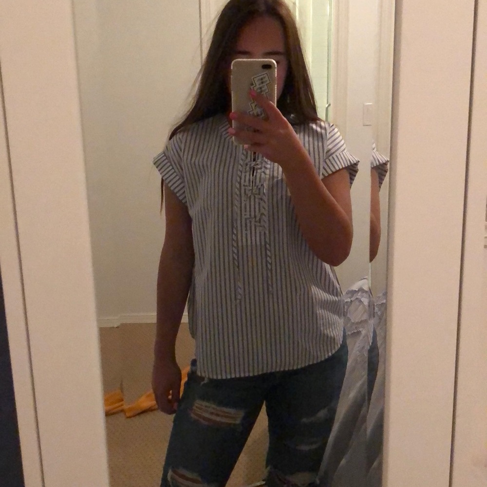 white with navy blue stripes jcrew drawstring top